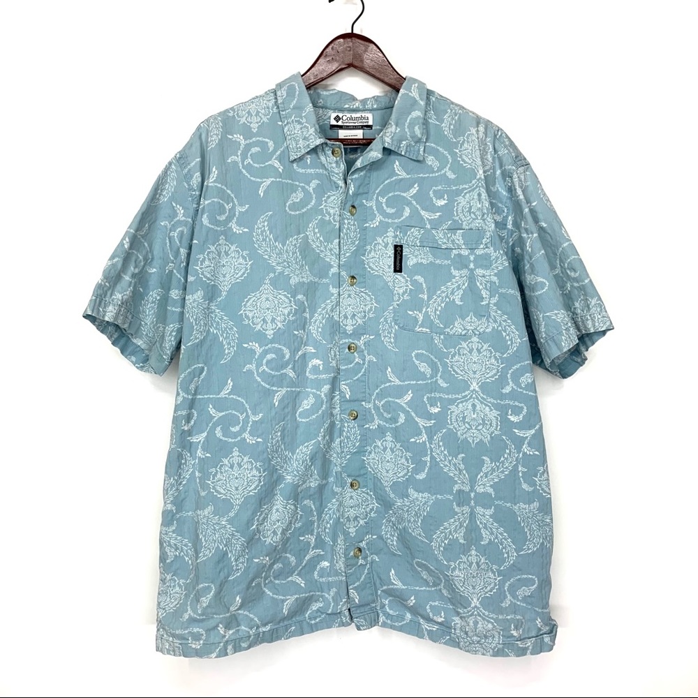 Columbia Leaf Print Light Blue Button Up Short Sleeve Button Up Shirt Size XL